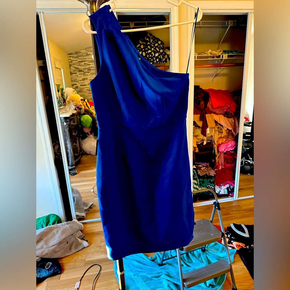 Cobalt blue one shoulder side zipper pencil skirt dress